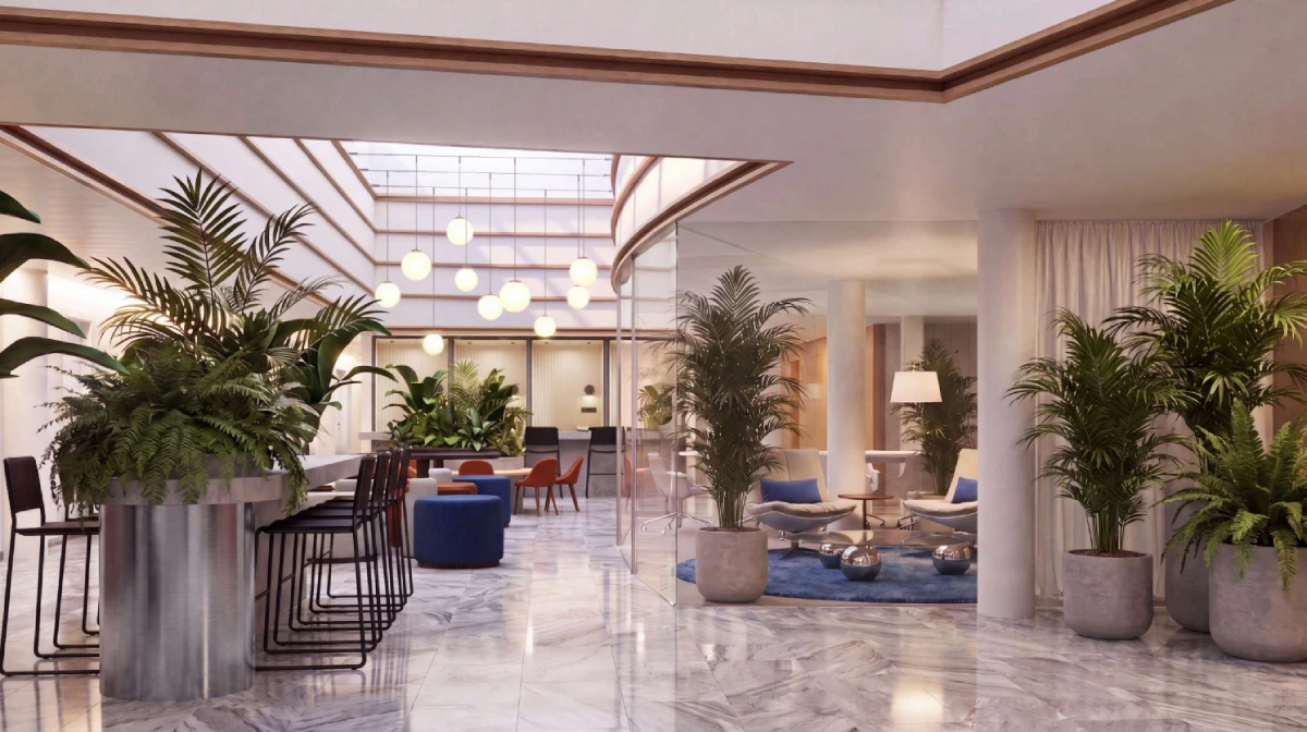 Render of the lounge at the Lifestyle Innovation Hub in Chiasso